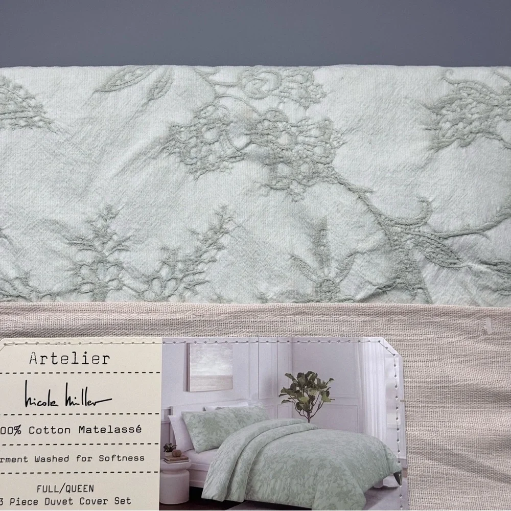 3pc Nicole Miller Artelier Lt Sage Queen Duvet Cover Sham Set Matelasse Cotton
